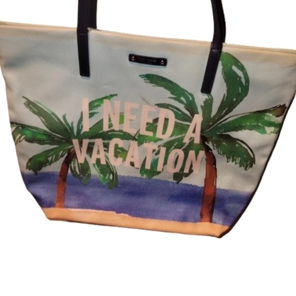 Kate Spade Palm Tree Print Tote in Light Blue, Green & Tan
